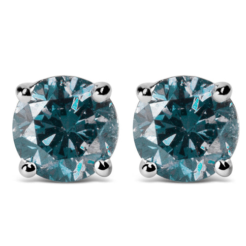 14K Gold Round Brilliant Cut Lab Grown Blue Diamond 4-Prong Classic Solitaire Stud Earrings with Pushbacks-0