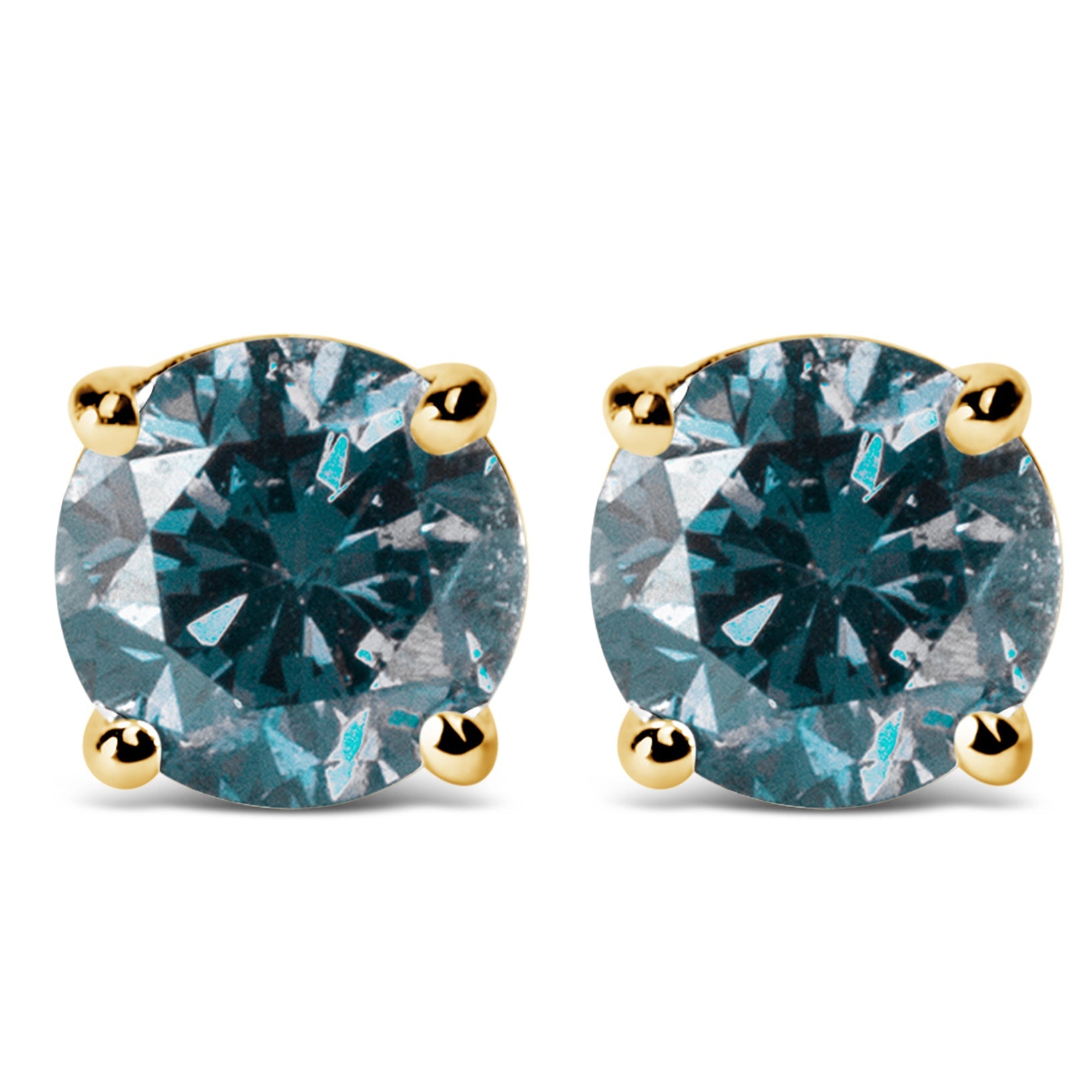 14K Gold Round Brilliant Cut Lab Grown Blue Diamond 4-Prong Classic Solitaire Stud Earrings with Pushbacks-1