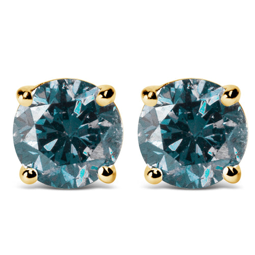 14K Gold Round Brilliant Cut Lab Grown Blue Diamond 4-Prong Classic Solitaire Stud Earrings with Pushbacks-1