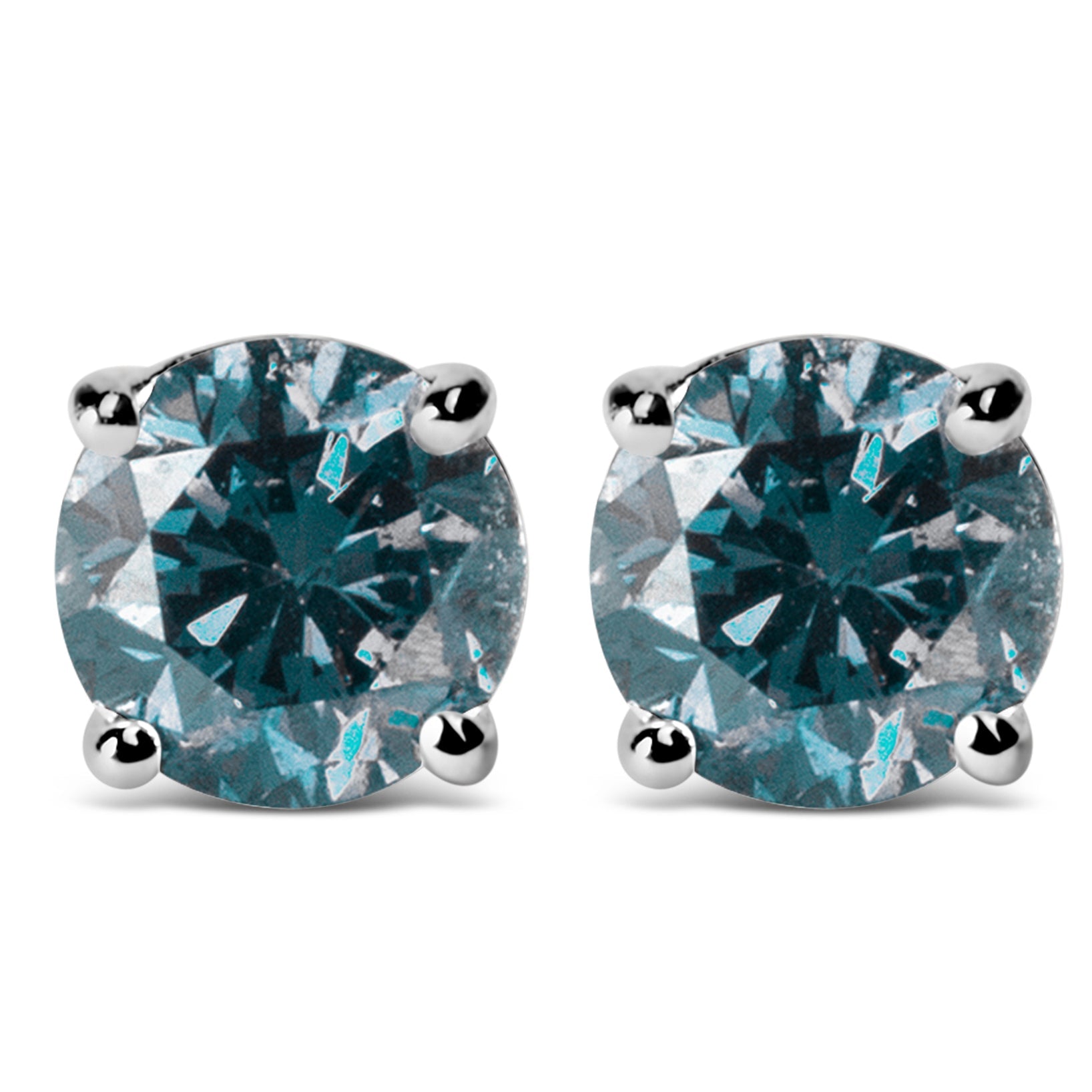 14K Gold Round Brilliant Cut Lab Grown Blue Diamond 4-Prong Classic Solitaire Stud Earrings with Pushbacks-2