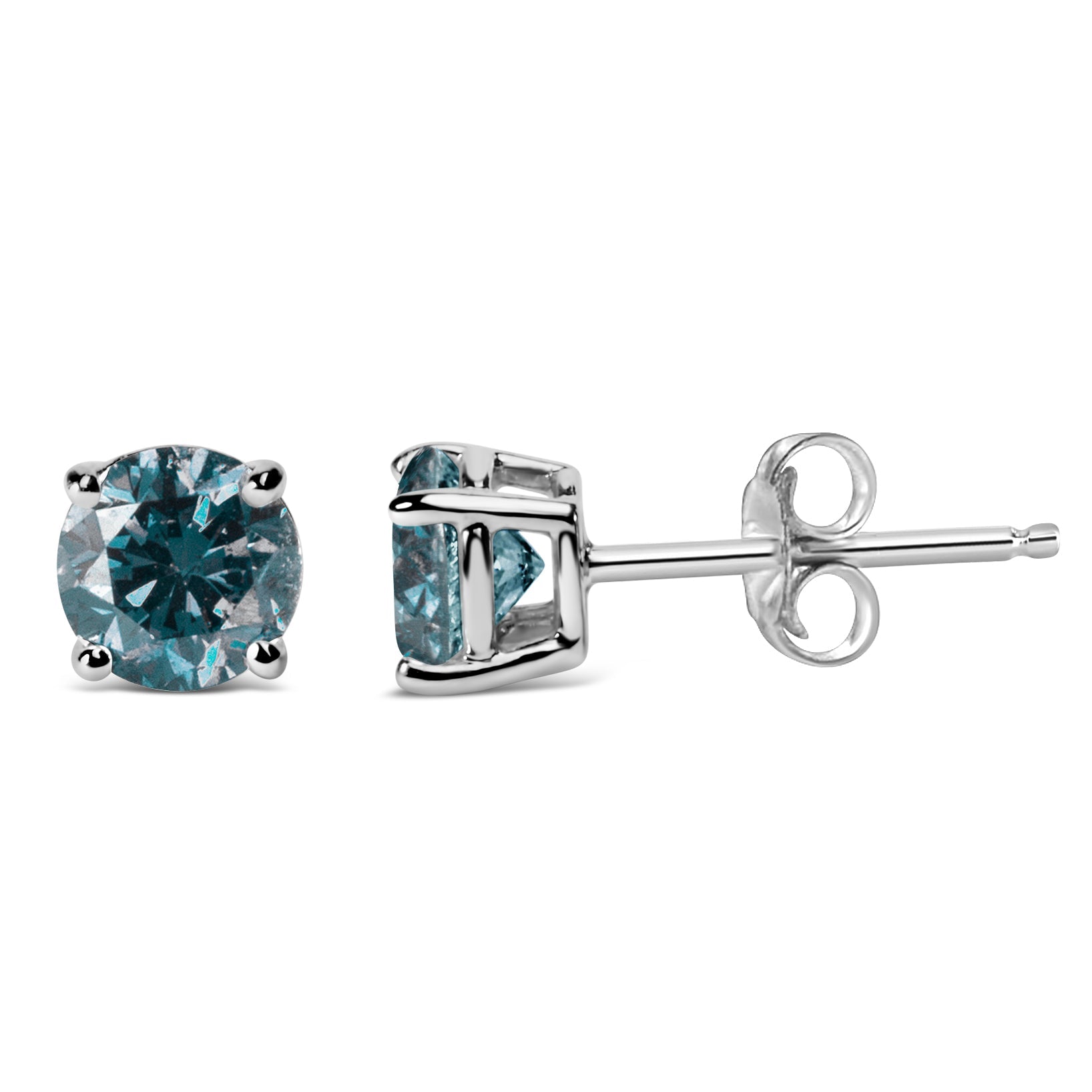 14K Gold Round Brilliant Cut Lab Grown Blue Diamond 4-Prong Classic Solitaire Stud Earrings with Pushbacks-4