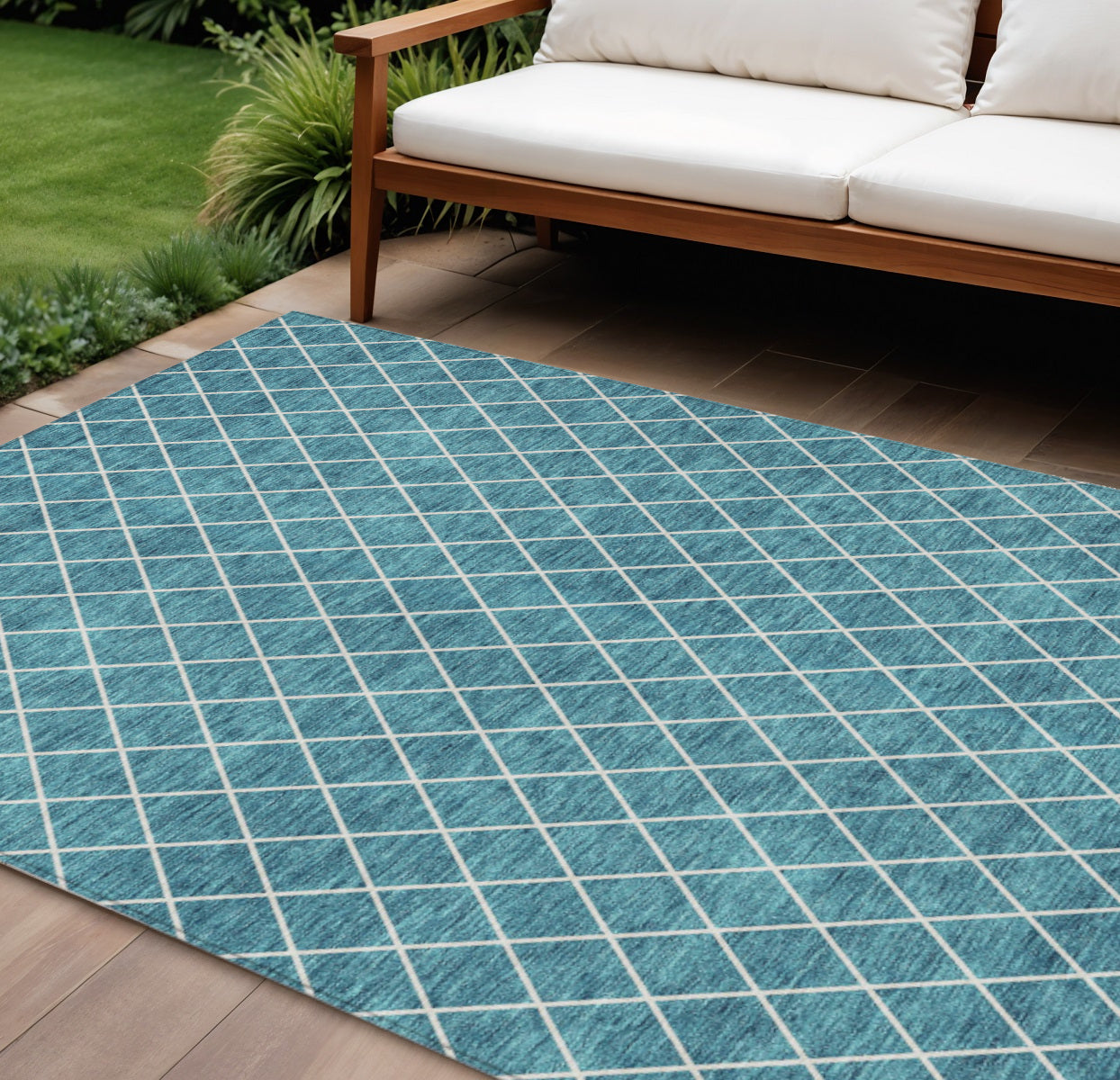 8' X 10' Teal Blue And Ivory Geometric Washable Indoor Outdoor Area Rug-0