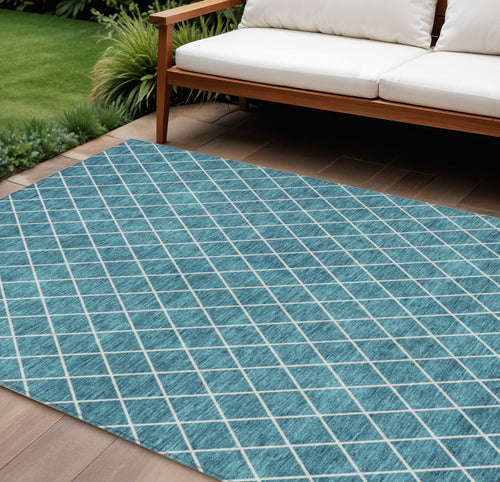 8' X 10' Teal Blue And Ivory Geometric Washable Indoor Outdoor Area Rug-0