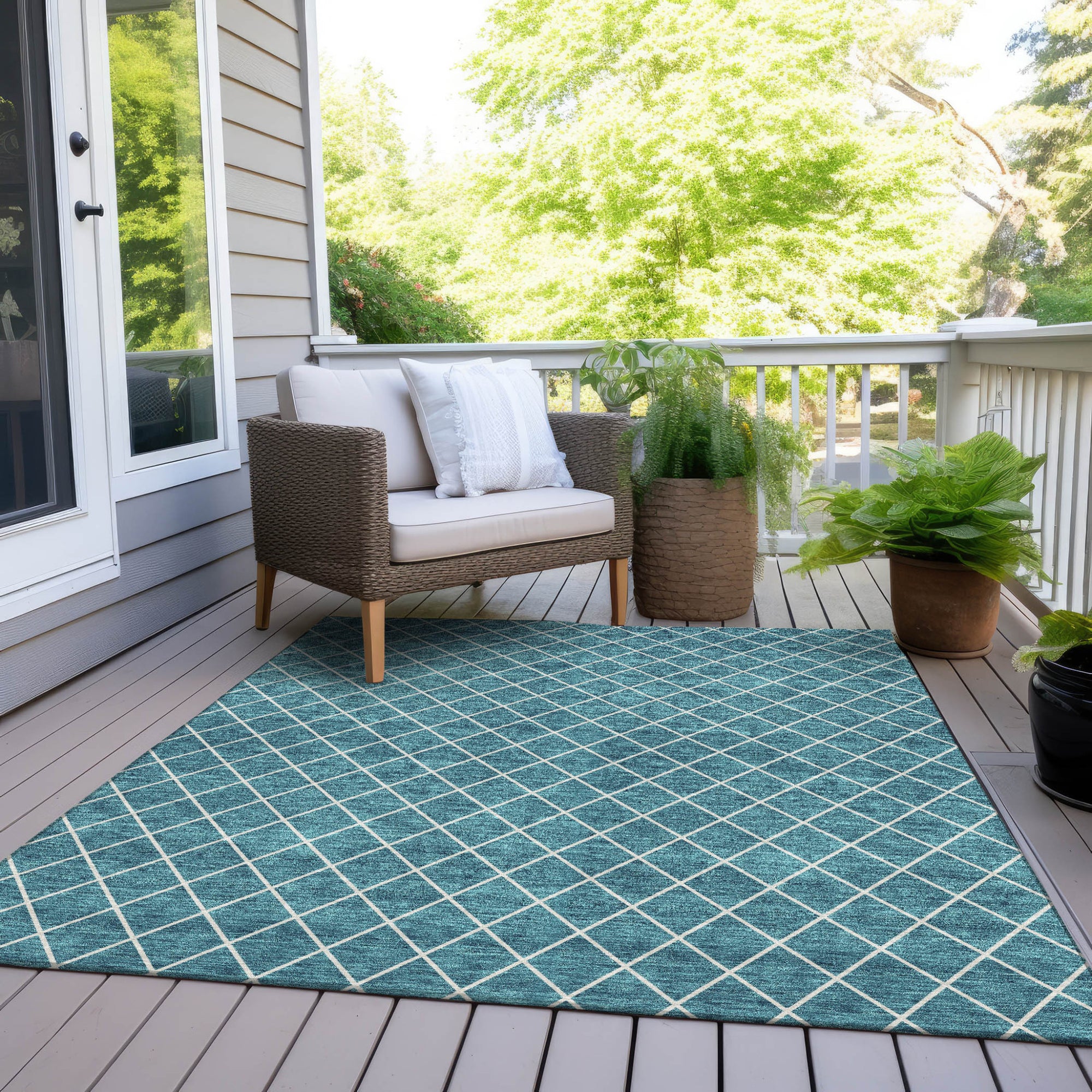 8' X 10' Teal Blue And Ivory Geometric Washable Indoor Outdoor Area Rug-7