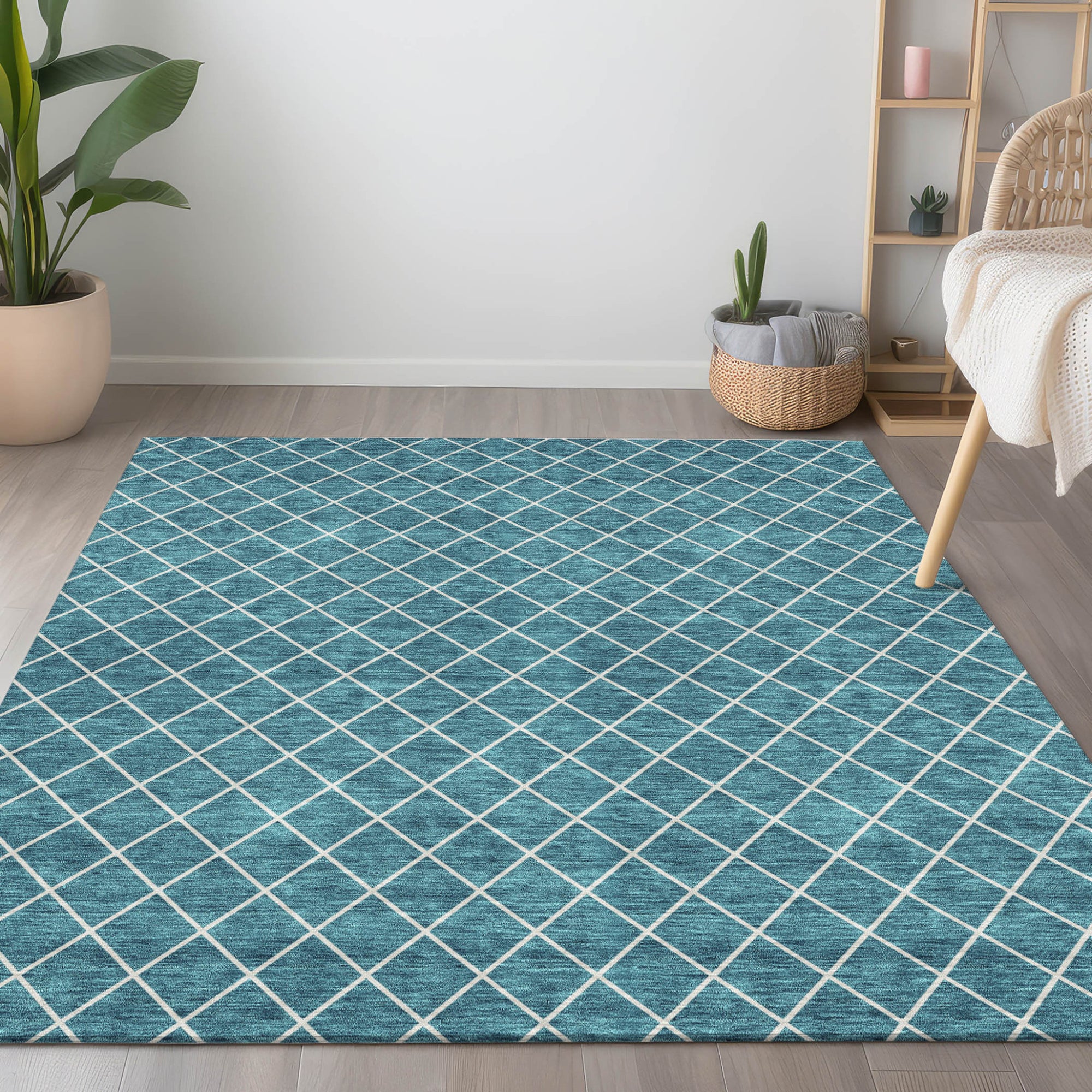 8' X 10' Teal Blue And Ivory Geometric Washable Indoor Outdoor Area Rug-8