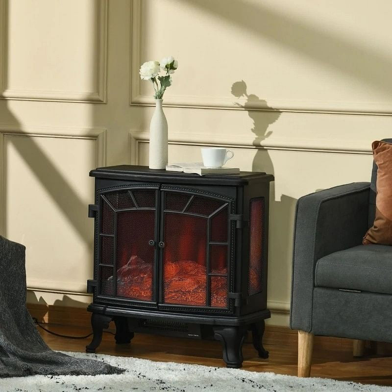 Black Remote Controlled Electric Fireplace Heater Realistic LED Flames and Logs-0