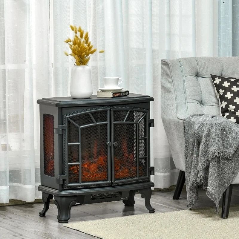 Black Remote Controlled Electric Fireplace Heater Realistic LED Flames and Logs-1